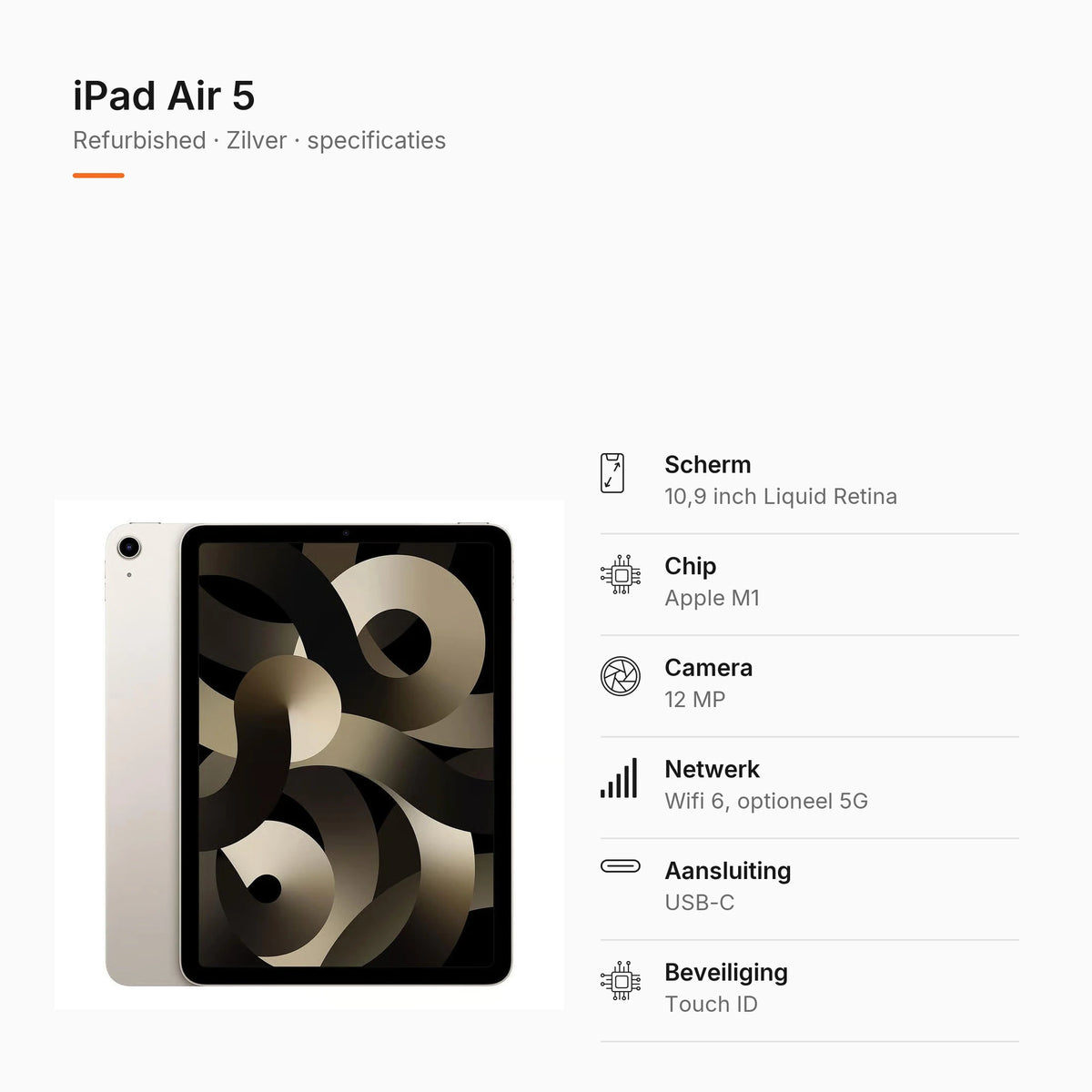 Refurbished iPad Air 5 Zilver, specificaties