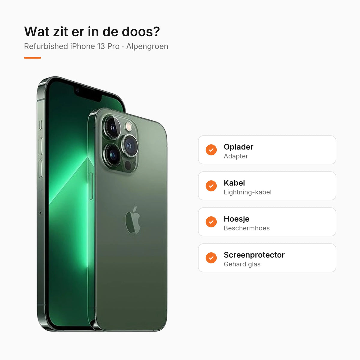 Refurbished iPhone 13 Pro Alpengroen, wat zit er in de doos
