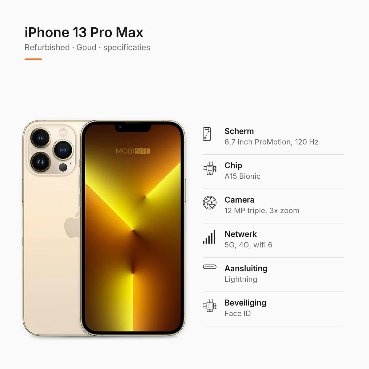 Refurbished iPhone 13 Pro Max Goud, specificaties