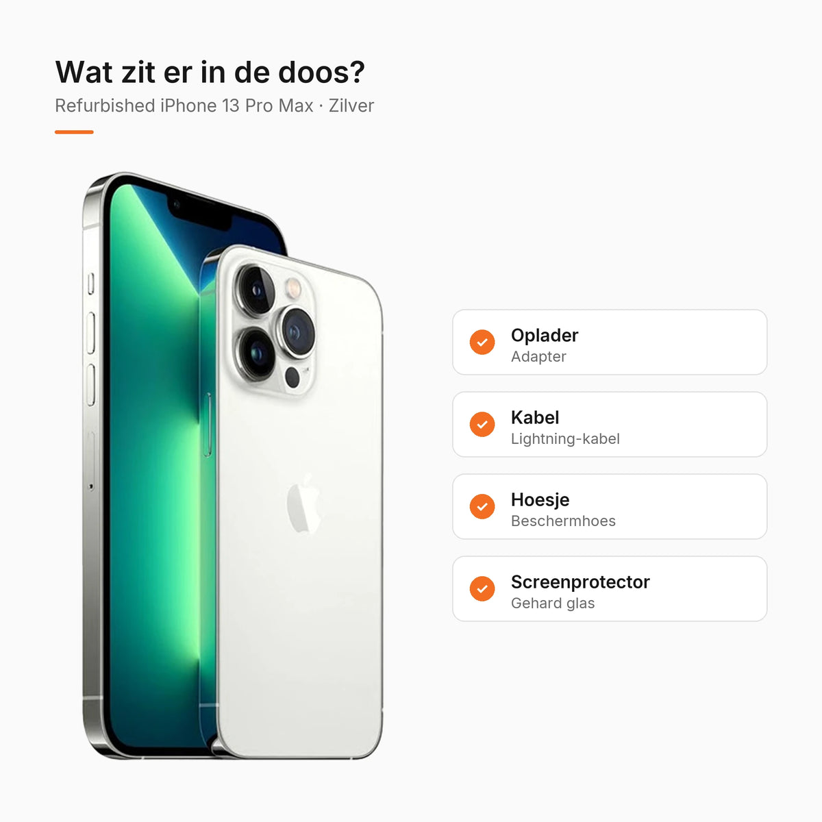Refurbished iPhone 13 Pro Max Zilver, wat zit er in de doos