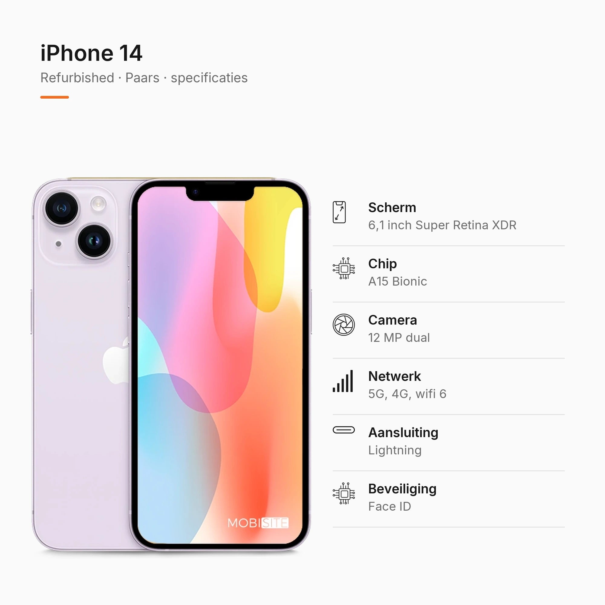 Refurbished iPhone 14 Paars, specificaties