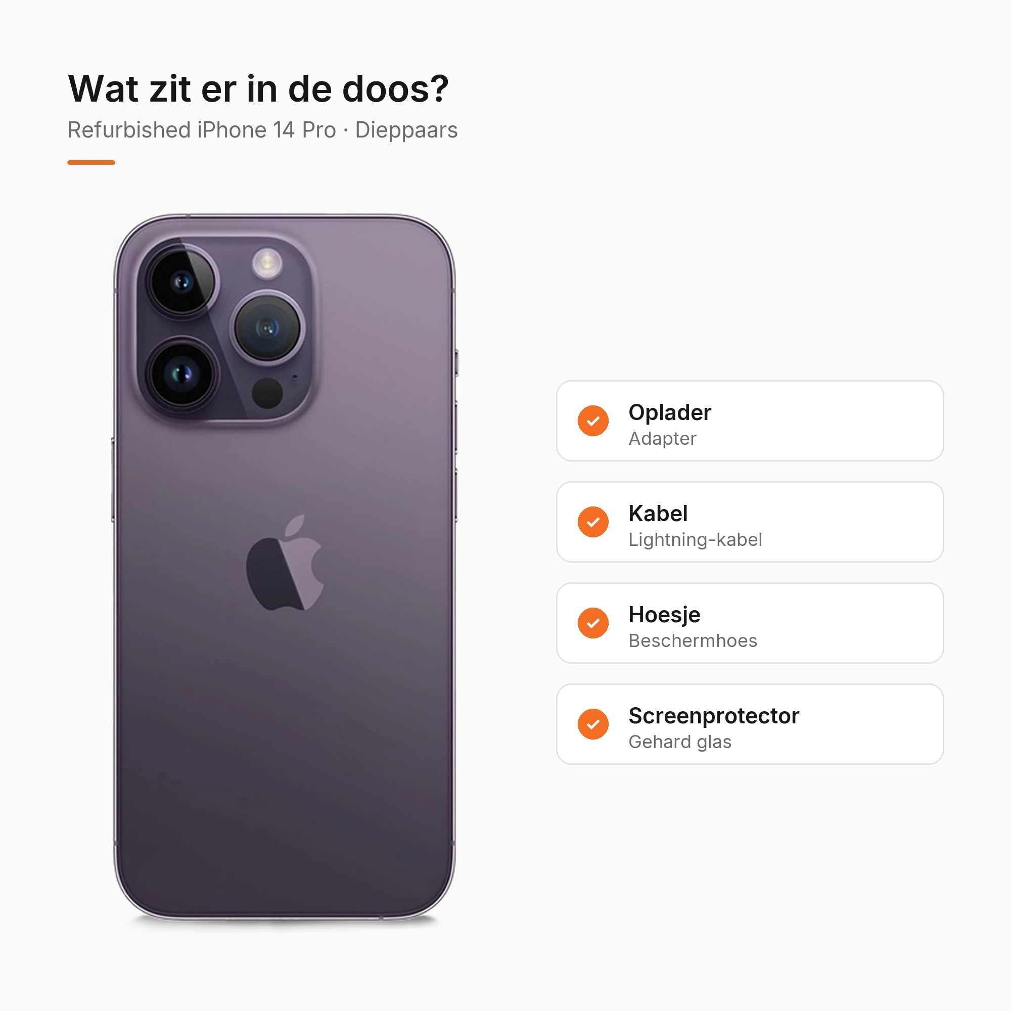 Refurbished iPhone 14 Pro Dieppaars, wat zit er in de doos