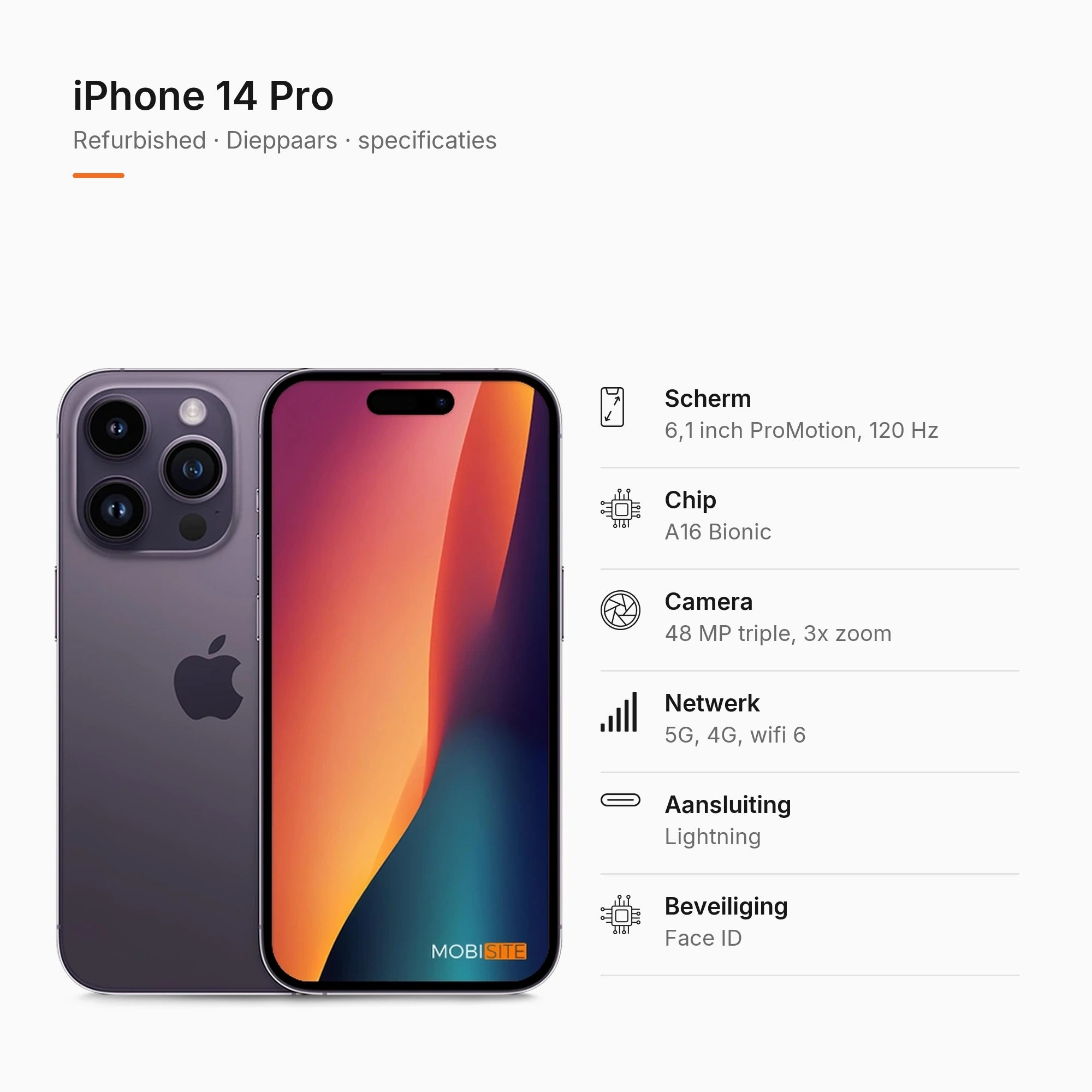 Refurbished iPhone 14 Pro Dieppaars, specificaties