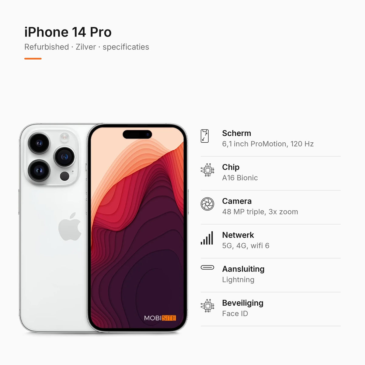 Refurbished iPhone 14 Pro Zilver, specificaties