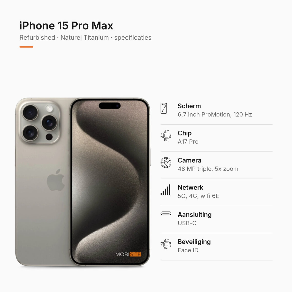 Refurbished iPhone 15 Pro Max Naturel Titanium, specificaties