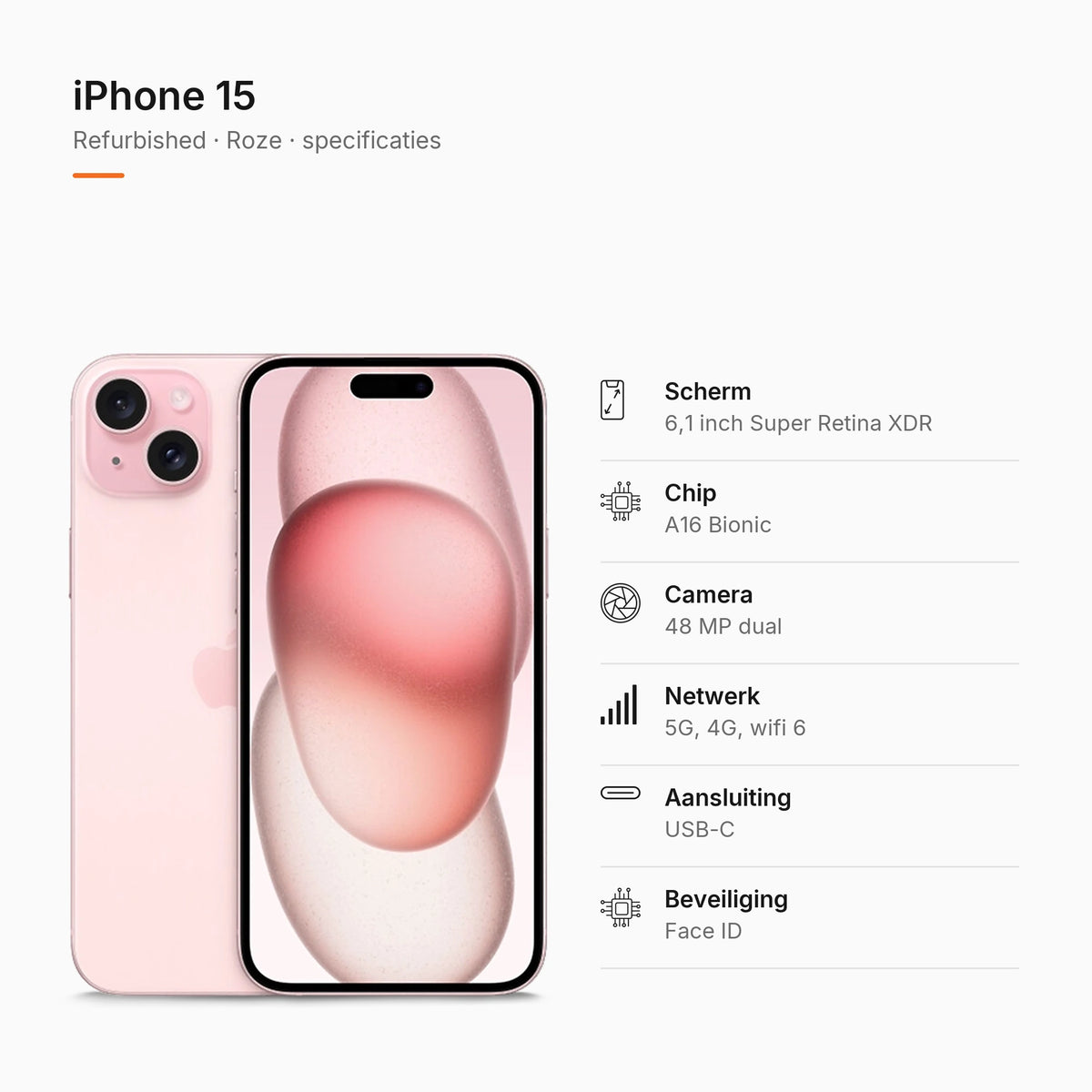 Refurbished iPhone 15 Roze, specificaties