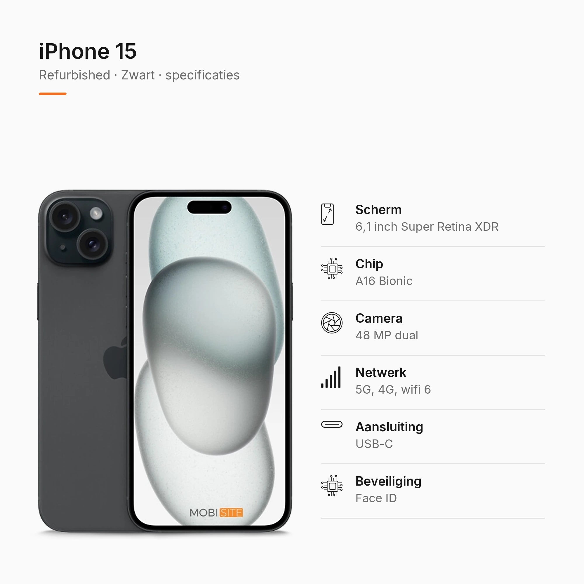 Refurbished iPhone 15 Zwart, specificaties