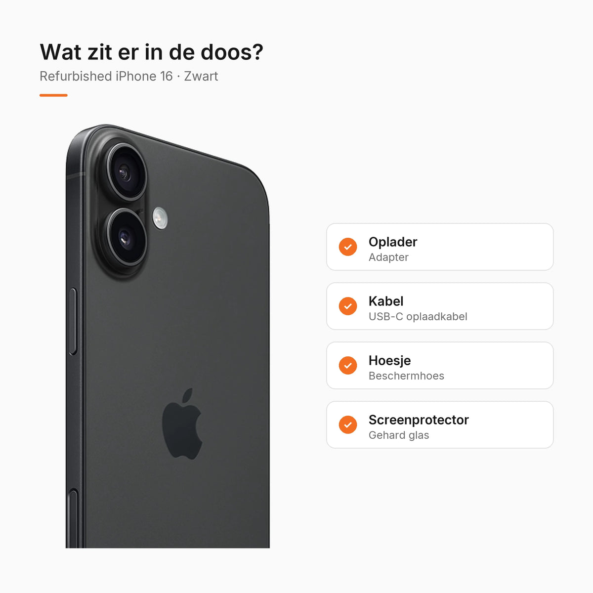 Refurbished iPhone 16 Zwart, wat zit er in de doos