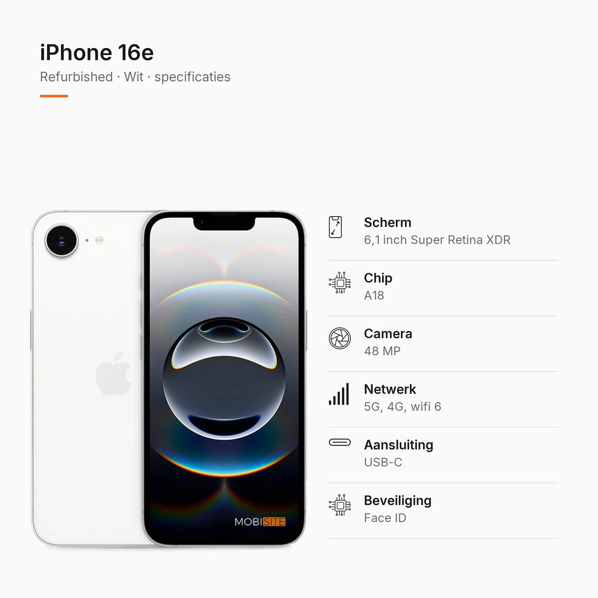 Refurbished iPhone 16e Wit, specificaties