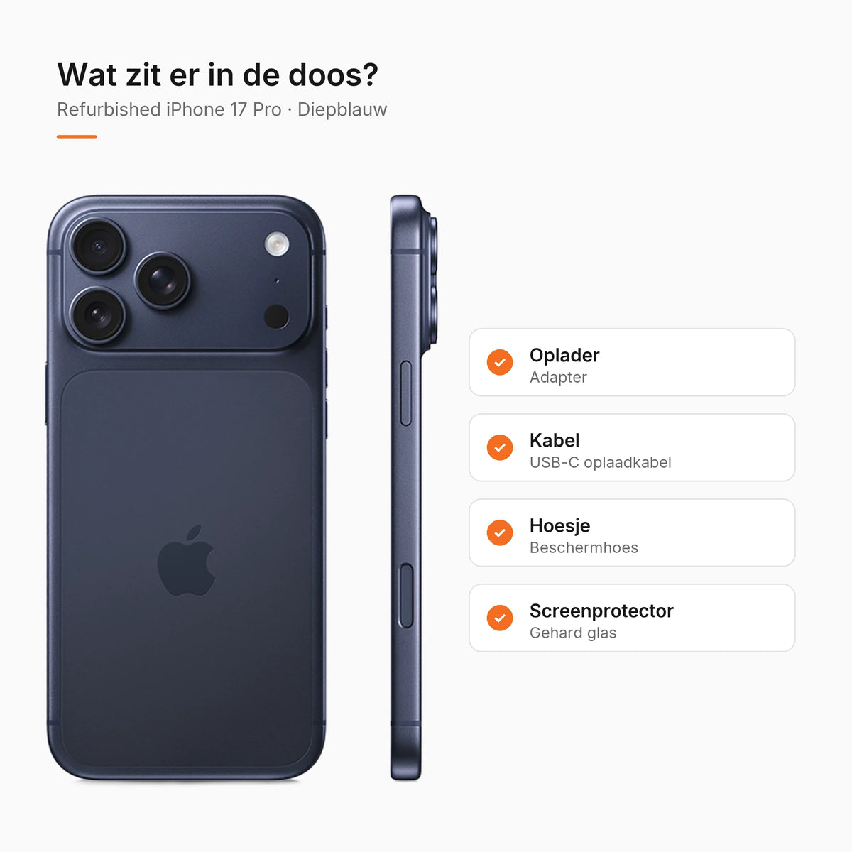Refurbished iPhone 17 Pro Diepblauw, wat zit er in de doos