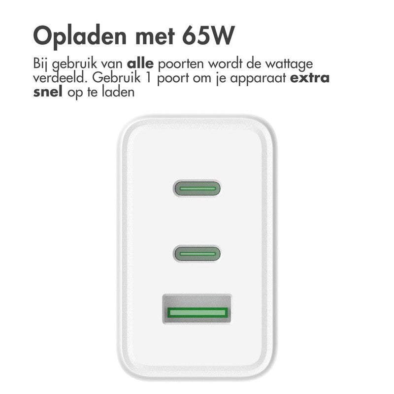 Accezz Power Pro GaN Ultra Fast Wall Charger - Oplader 2x USB-C & USB aansluiting - Snellader - Power Delivery - 65W - Wit