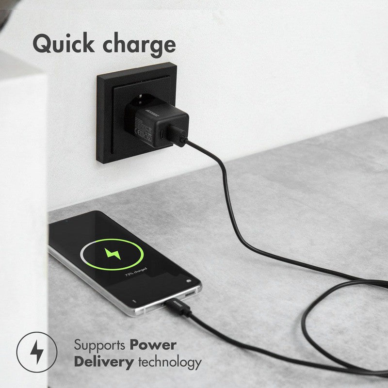 Accezz Wall Charger met USB-C naar USB-C kabel - Oplader - 20 Watt - 1 meter - Zwart