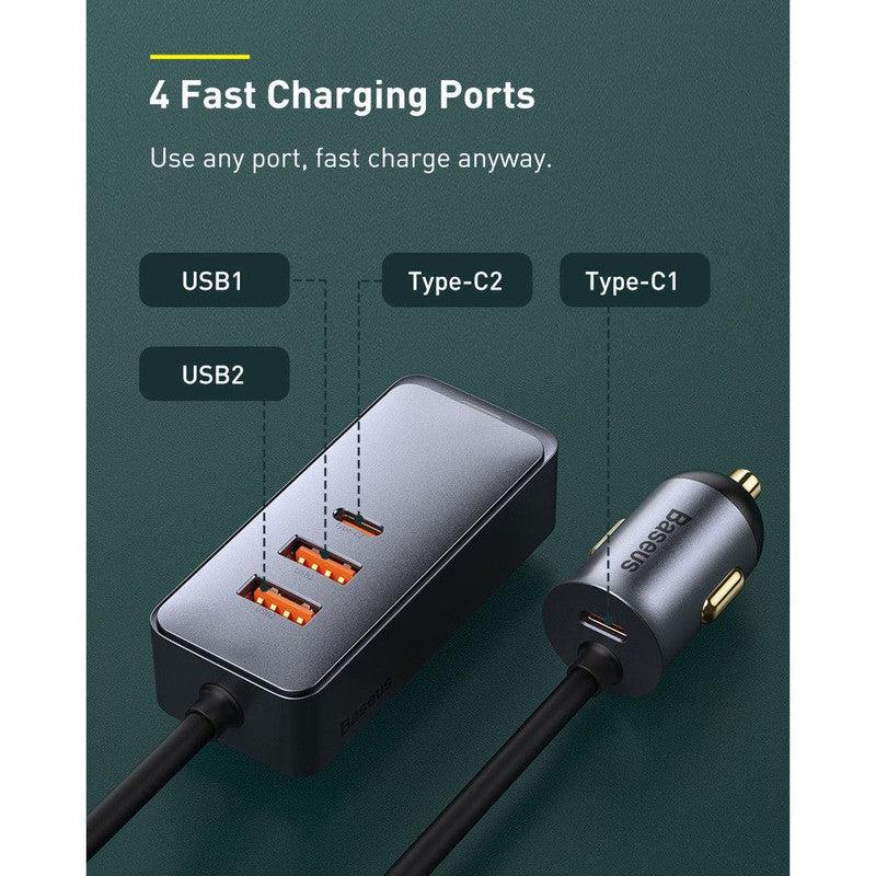 Baseus Auto Snellader 120W met 2 USB en 2 USB-C Fast Charge Poorten 1.5 meter