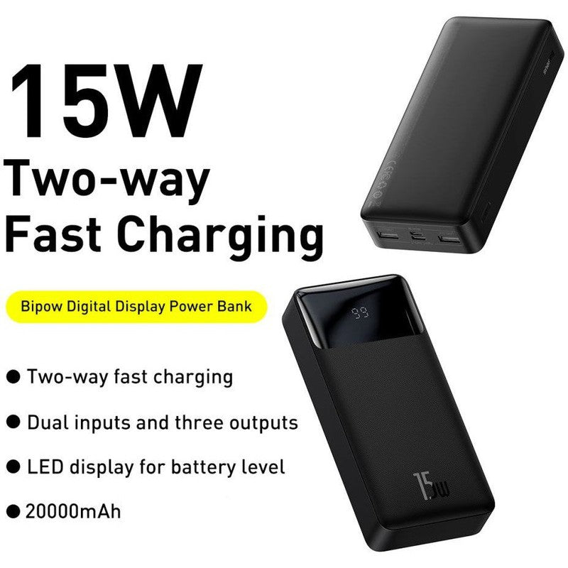 Baseus Bipow 20.000 mAh USB-C Powerbank Reisformaat Met Display Zwart