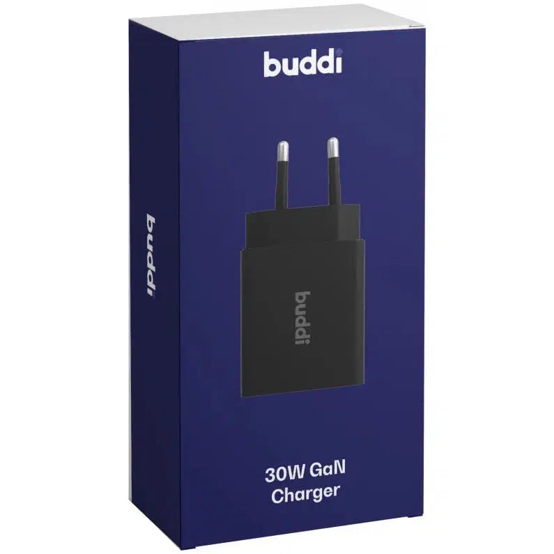 Buddi 30W GaN Mini Oplader USB-C Power Delivery + USB-A QC 4.0 Zwart