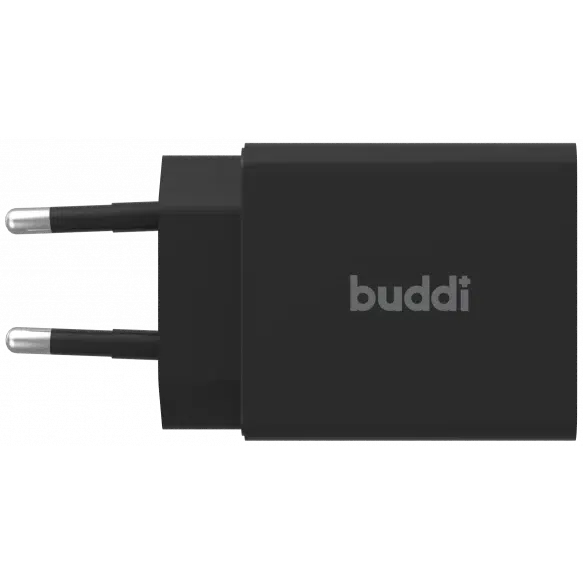 Buddi 30W GaN Mini Oplader USB-C Power Delivery + USB-A QC 4.0 Zwart