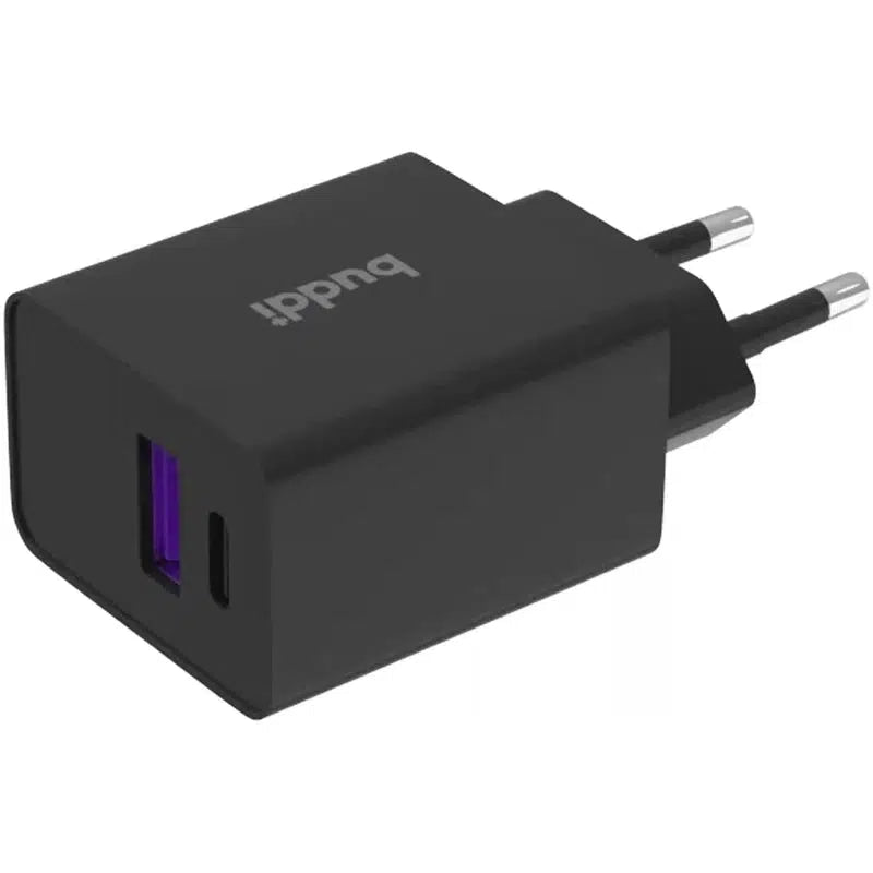 Buddi 30W GaN Mini Oplader USB-C Power Delivery + USB-A QC 4.0 Zwart