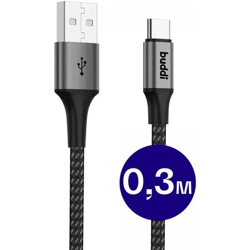 Buddi Flex USB-A naar USB-C Kabel 12W Fast Charge 30cm Zwart