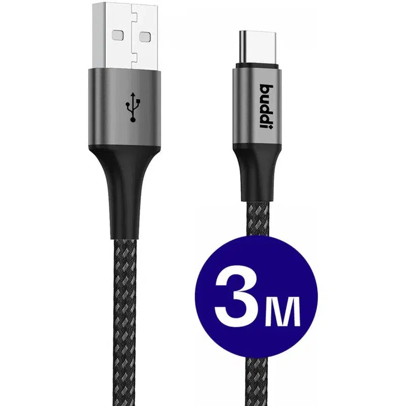 Buddi Flex USB-A naar USB-C Kabel 12W Fast Charge 3M Zwart