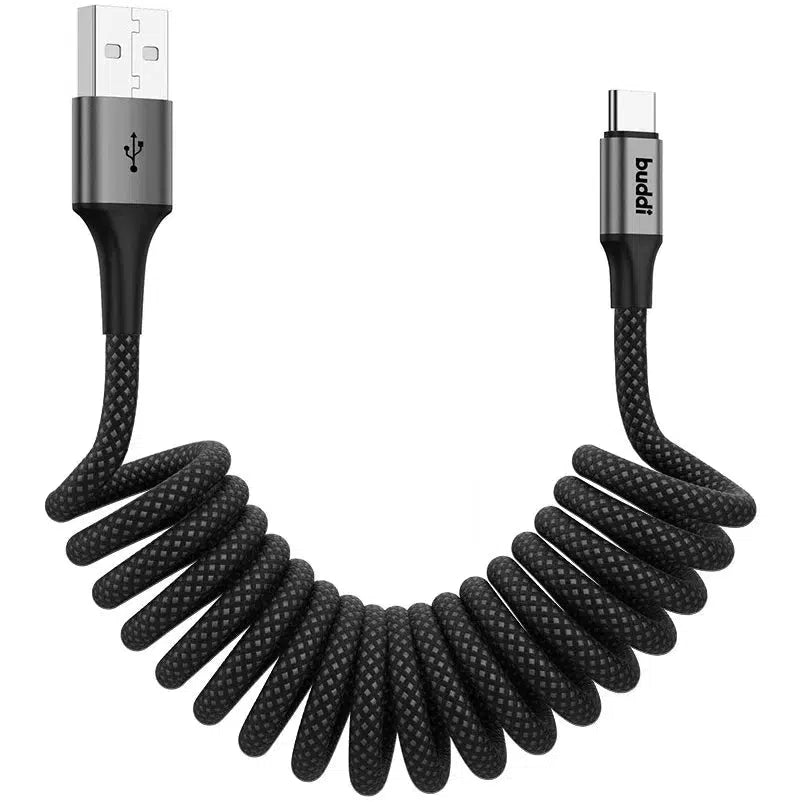 Buddi Flex USB-A naar USB-C Krul Kabel 12W Fast Charge 1M Zwart