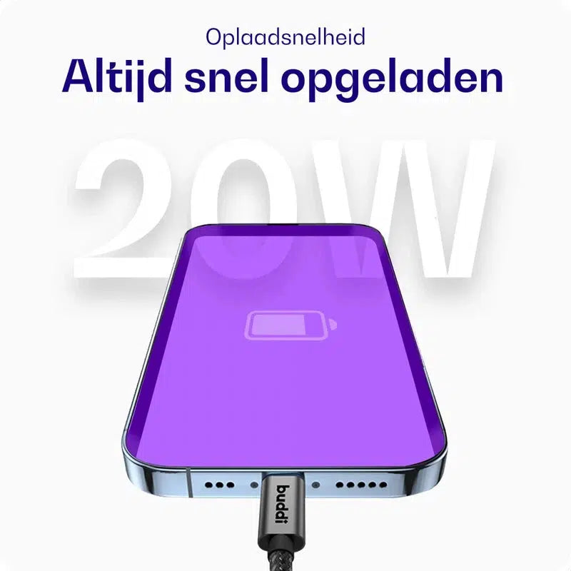 Buddi Flex USB-C naar Lightning Kabel 20W Fast Charge 1M Zwart