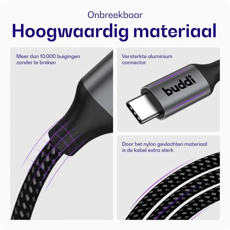 Buddi Flex USB-C naar USB-C Kabel 60W Fast Charge 1M Zwart