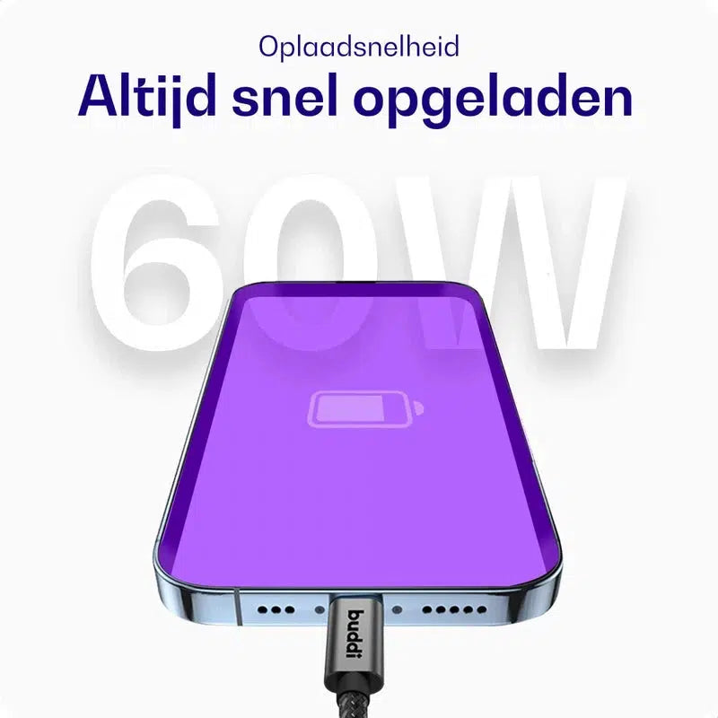 Buddi Flex USB-C naar USB-C Kabel 60W Fast Charge 1M Zwart