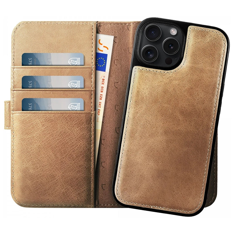 Étui portefeuille en cuir véritable Prestige pour iPhone - Marron clair