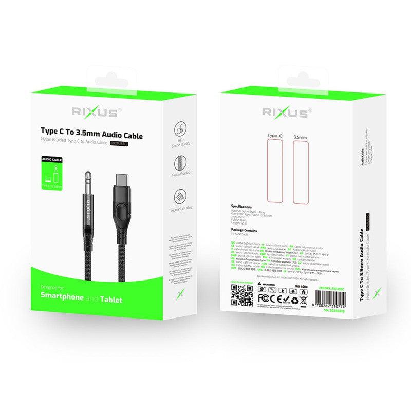 Rixus 3.5mm AUX naar USB-C - Gevlochten textiel - 1,2 meter