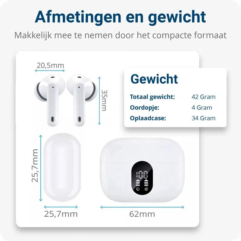 SBG Draadloze Oordopjes Noise Cancelling Bluetooth met Display Wit