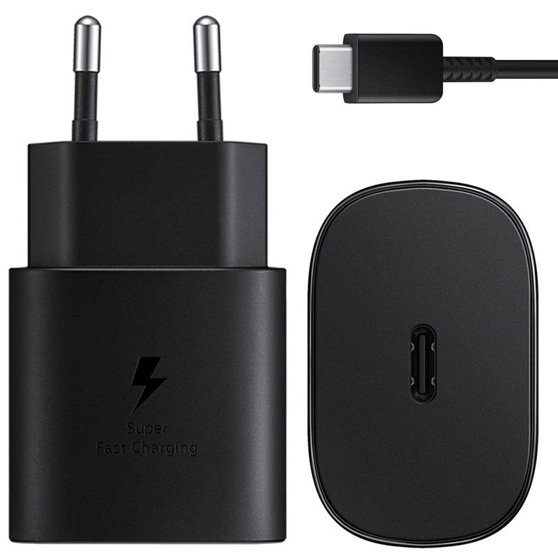 Samsung Originele USB-C naar USB-C kabel - 1 meter - 25 Watt - Zwart + Originele Fast Charging Adapter USB-C Oplader -25 Watt - Zwart