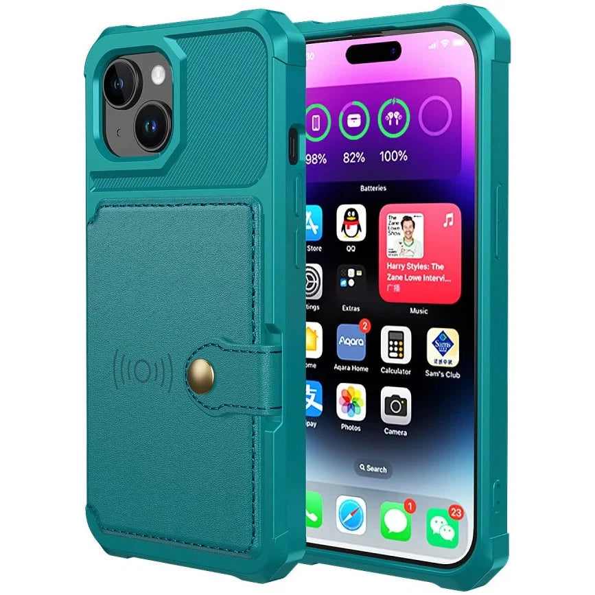 Apple iPhone 15 Plus 3 in 1 Back Cover Portemonnee Hoesje Groen Blauw