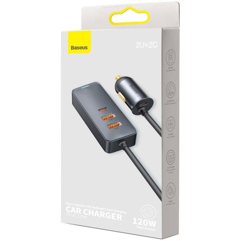 Baseus Auto Snellader 120W met 2 USB en 2 USB-C Fast Charge Poorten 1.5 meter