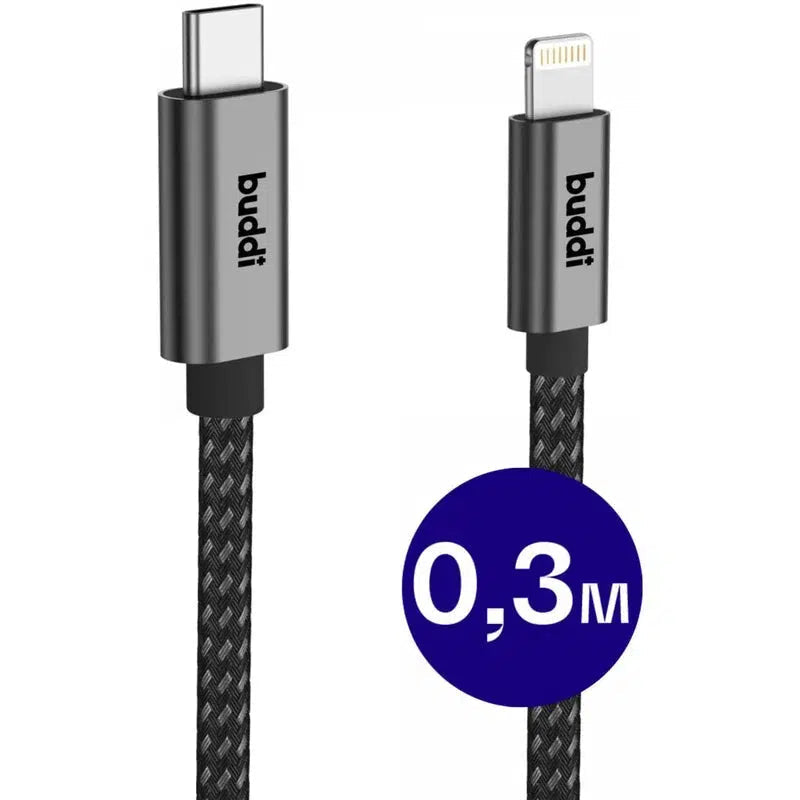 Buddi Flex USB-C naar Lightning Kabel 20W Fast Charge 30CM Zwart