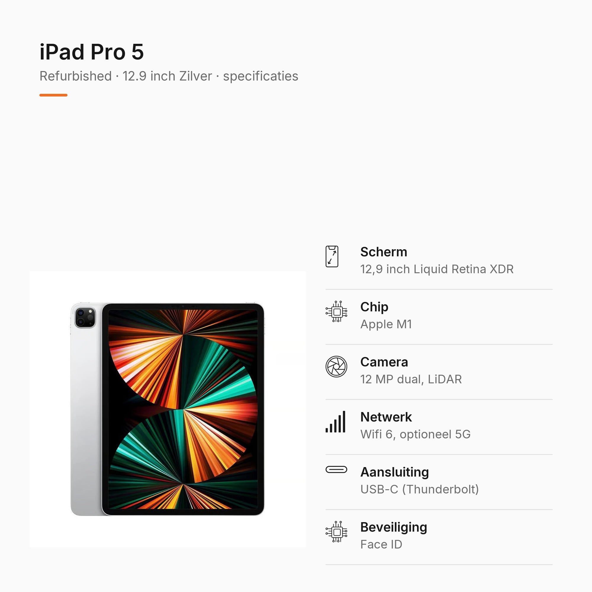 Refurbished iPad Pro 5 12.9 inch Zilver, specificaties