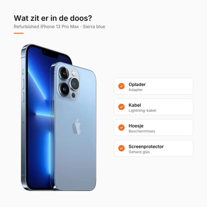 Refurbished iPhone 13 Pro Max Sierra blue, wat zit er in de doos