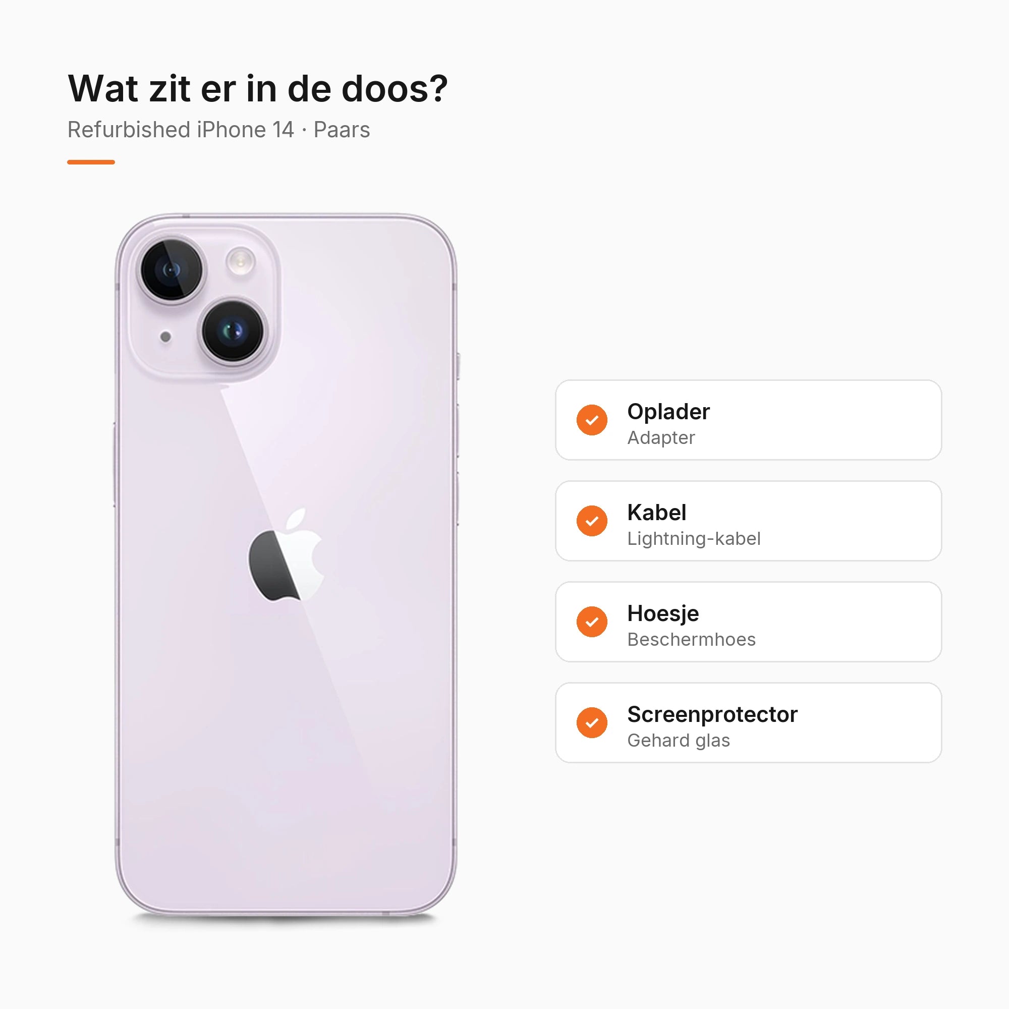 Refurbished iPhone 14 Paars, wat zit er in de doos
