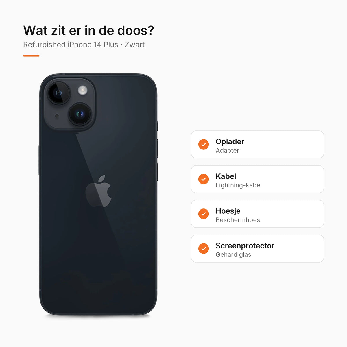 Refurbished iPhone 14 Plus Zwart, wat zit er in de doos