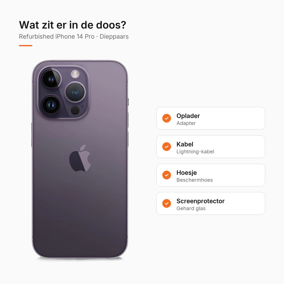Refurbished iPhone 14 Pro Dieppaars, wat zit er in de doos