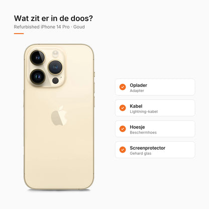 Refurbished iPhone 14 Pro Goud, wat zit er in de doos
