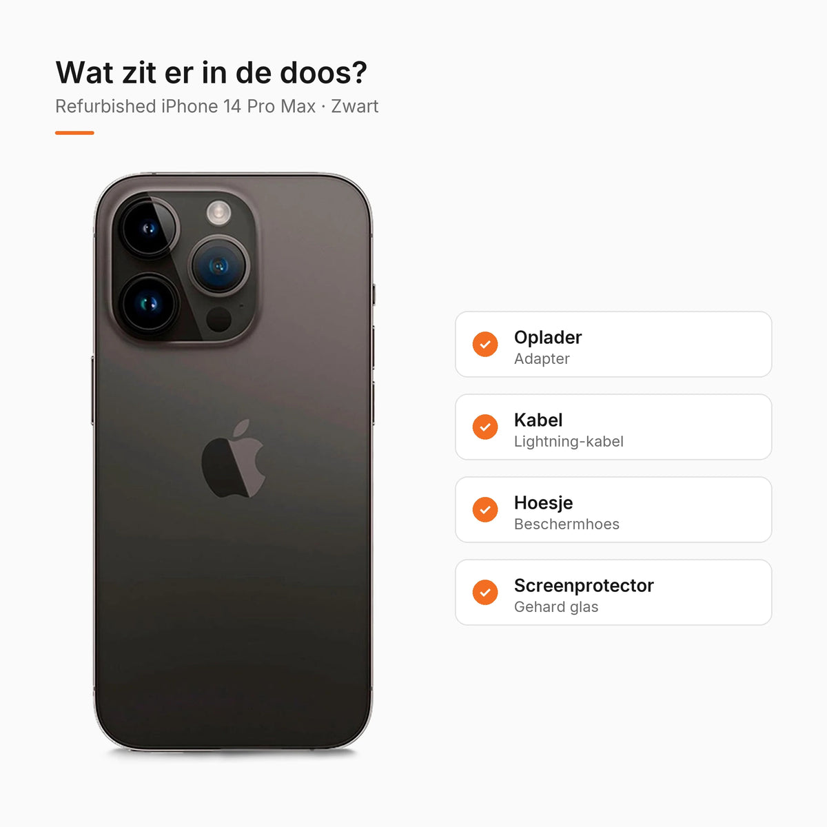 Refurbished iPhone 14 Pro Max Zwart, wat zit er in de doos