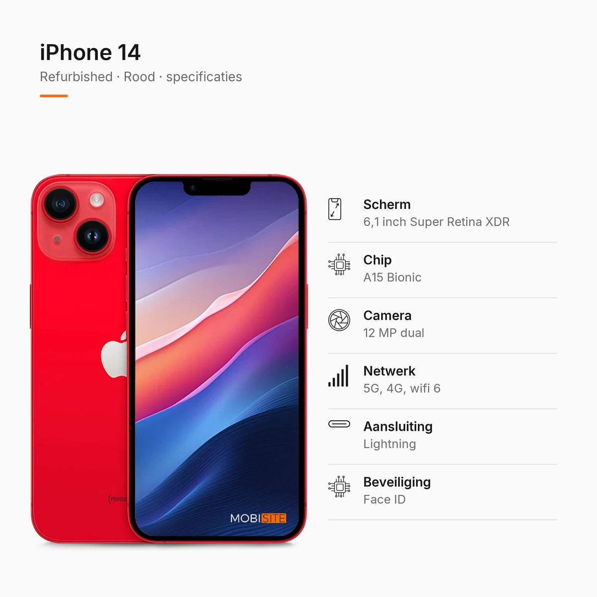 Refurbished iPhone 14 Rood, specificaties