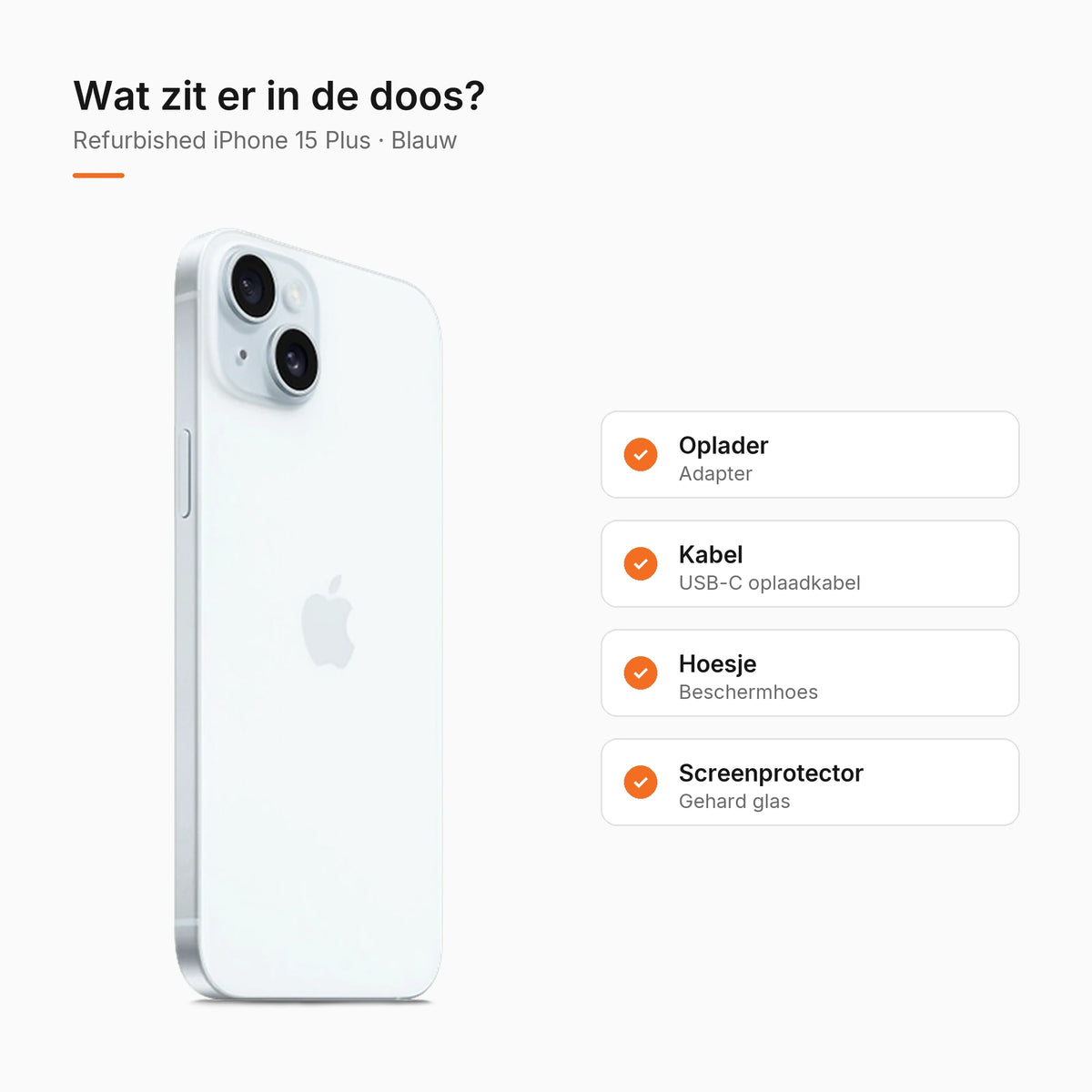 Refurbished iPhone 15 Plus Blauw, wat zit er in de doos