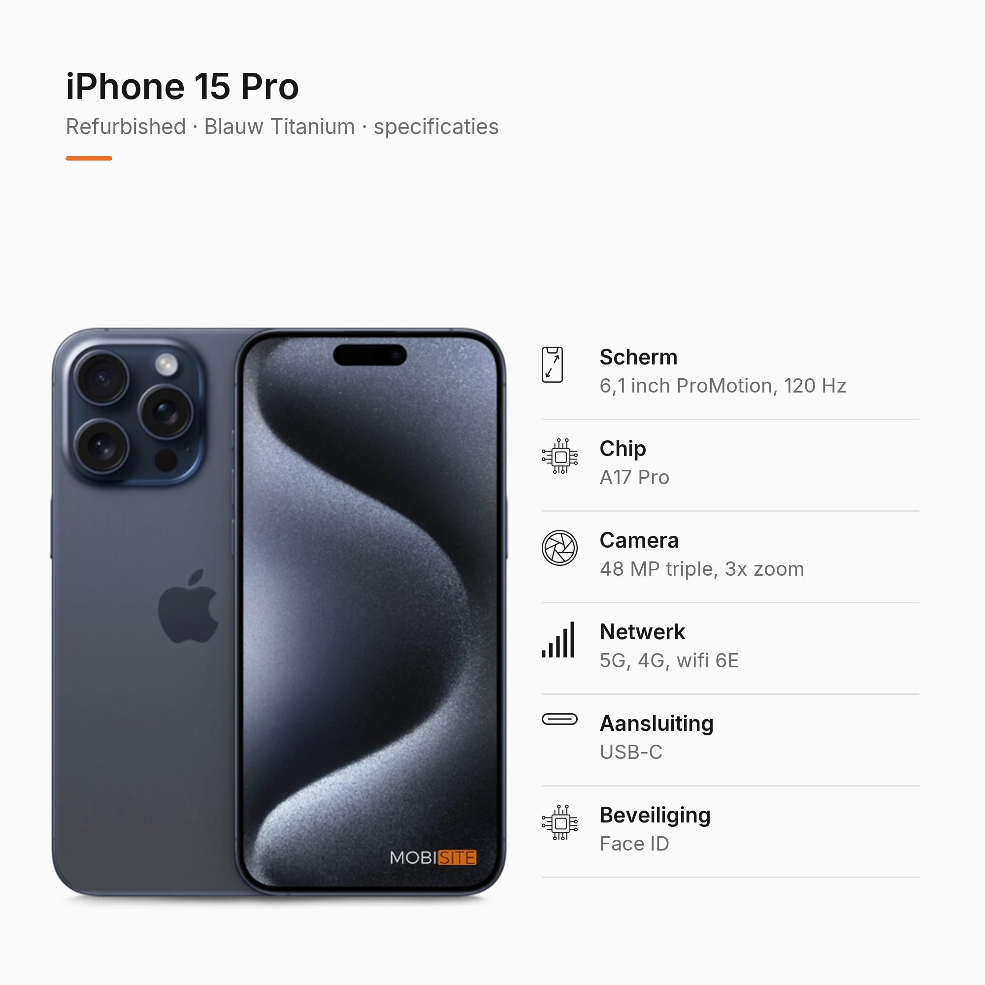 Refurbished iPhone 15 Pro Blauw Titanium, specificaties