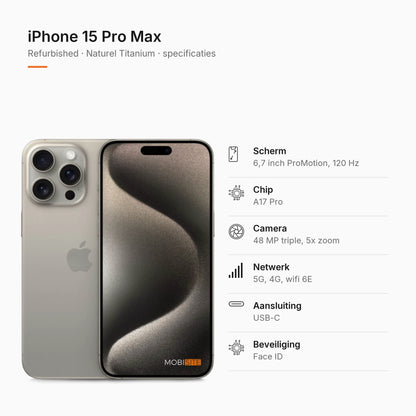 Refurbished iPhone 15 Pro Max Naturel Titanium, specificaties
