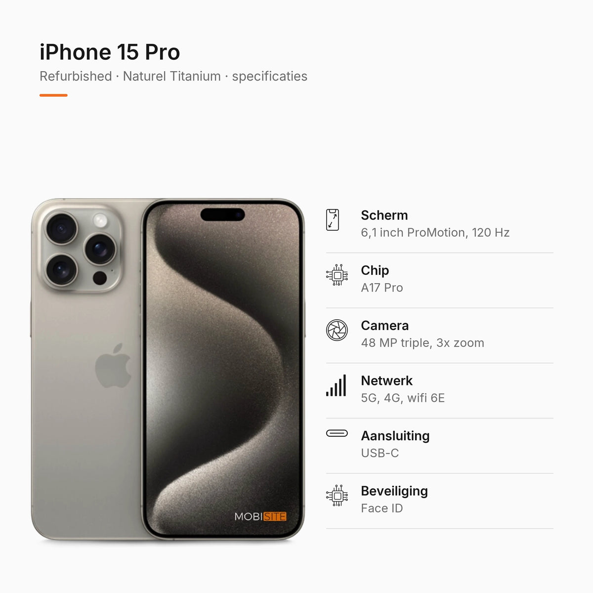 Refurbished iPhone 15 Pro Naturel Titanium, specificaties