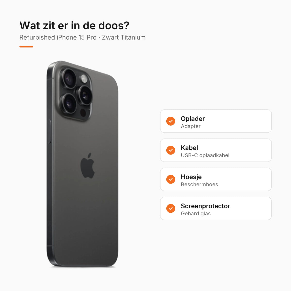 Refurbished iPhone 15 Pro Zwart Titanium, wat zit er in de doos