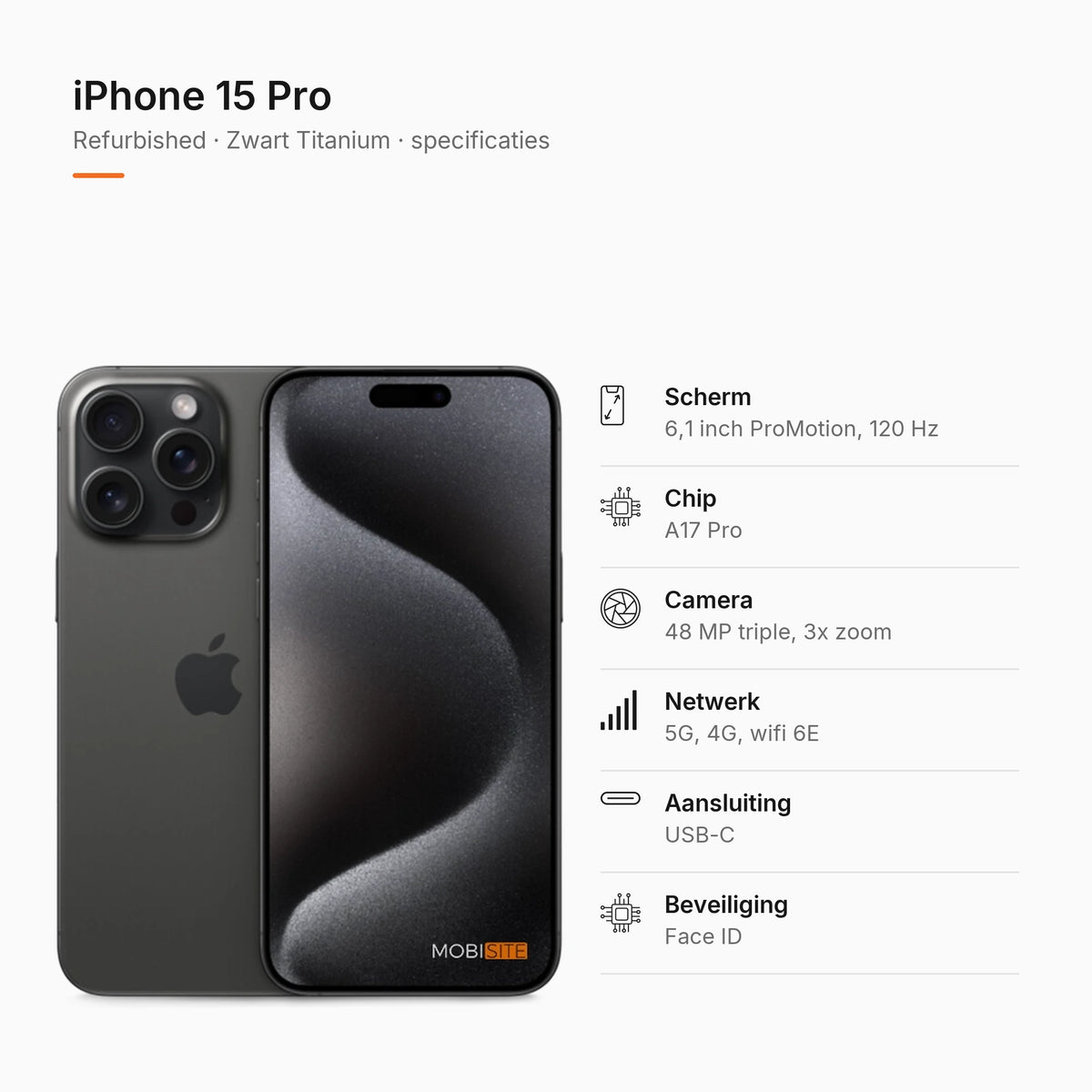 Refurbished iPhone 15 Pro Zwart Titanium, specificaties
