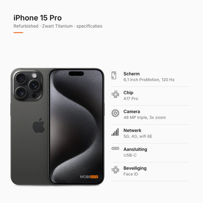 Refurbished iPhone 15 Pro Zwart Titanium, specificaties