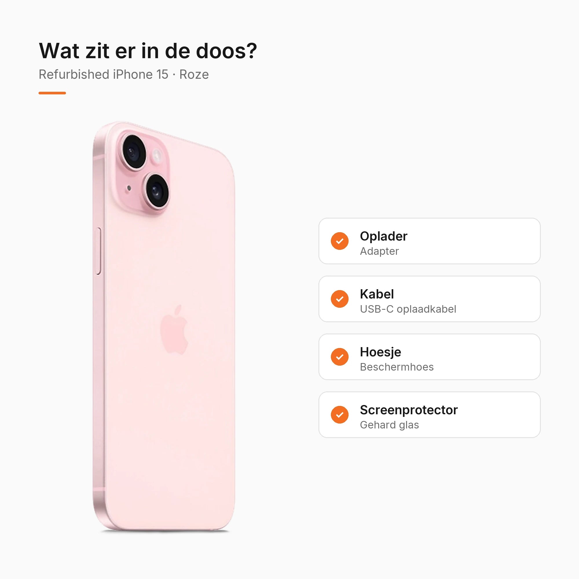 Refurbished iPhone 15 Roze, wat zit er in de doos